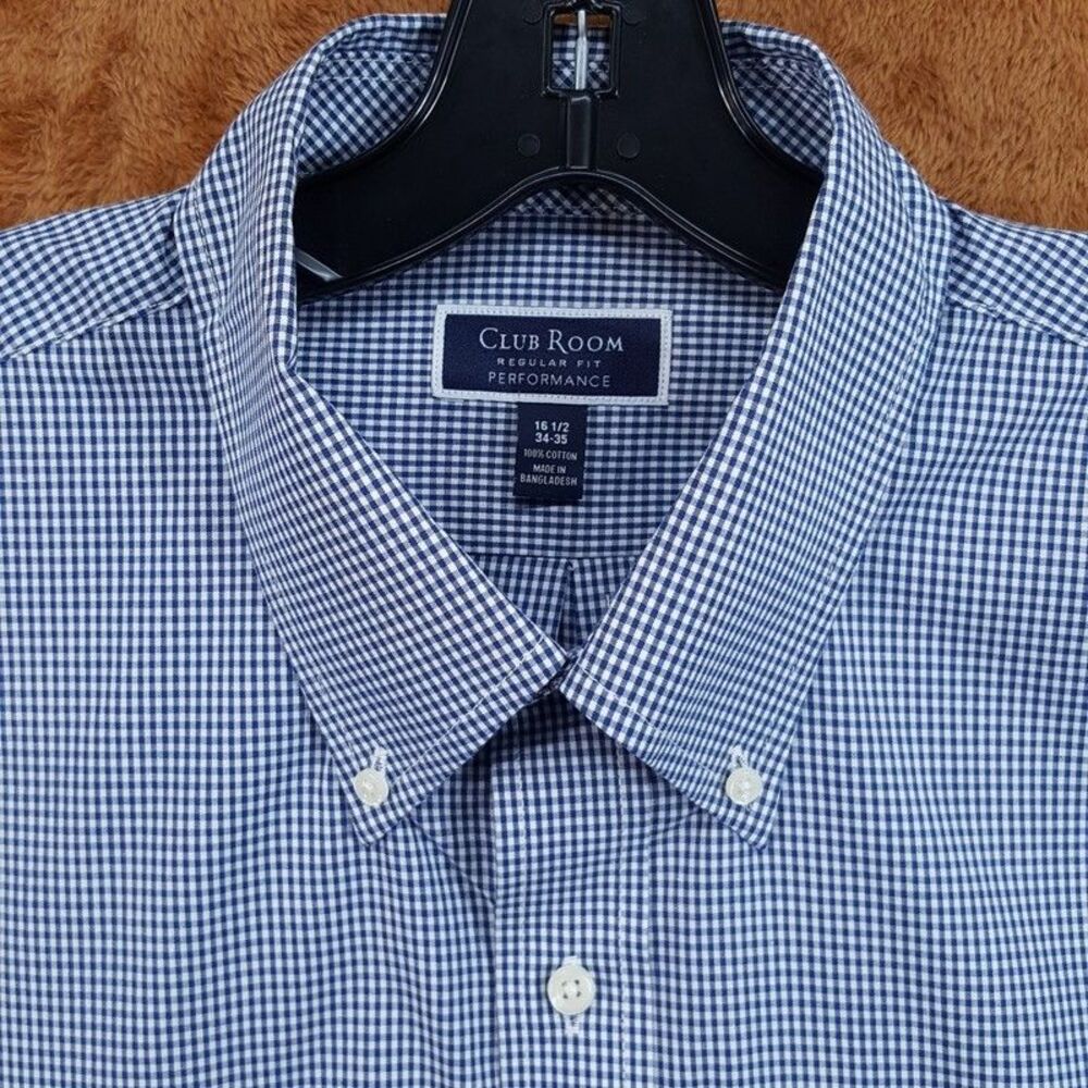 CLUB ROOM Dress Shirt Mens Size 16.5 34 35 Blue Gingham Check Regular Fit
